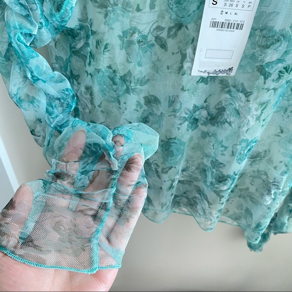 NEW ZARA Green Floral Mesh Sheer Top Ruched Blouse - Picture 4 of 10